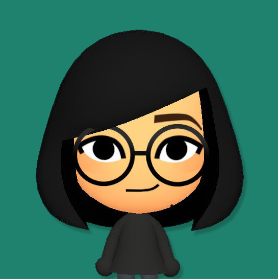 A Nintendo Mii avatar resembling myself, with big round glasses and short black shoulder-length hair